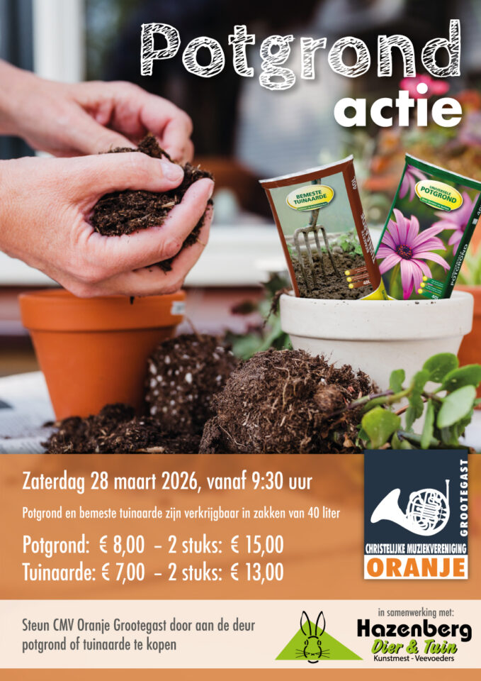 Flyer voor de potgrondactie, 28 maart 2026, 9:30 uur